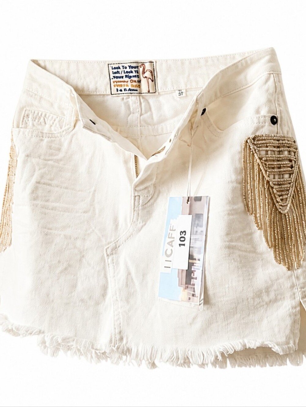 White Denim Skirt Movement By Free People with Fringe and Gold Accents - Picture 5 of 6